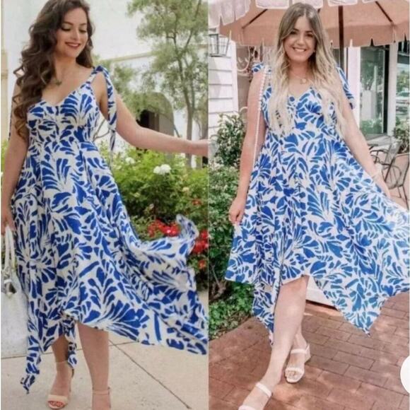 ALEXIS Blue Botanical Tie Strap Asymmetrical Hem Dress SIZE SM lightweight - Picture 9 of 9